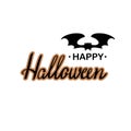 Happy Halloween hand drawn black orange lettering and silhouette black bat on white background. Royalty Free Stock Photo