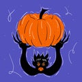 Happy Halloween hand drawn illustration with scary monster with arms raised with claws holding a holiday pumpkin.
