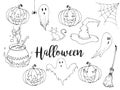 Happy Halloween hand drawn illustration set in sketch style. Halloween doodle decorative elements for poster or flyer design. Isol Royalty Free Stock Photo