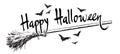 Happy halloween hand drawn lettering, old magic broomstick and flock of bats Sketch style design for Halloween Royalty Free Stock Photo