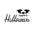 Happy Halloween hand drawn lettering and silhouette black bat on white background. Royalty Free Stock Photo