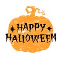 Happy Halloween, hand written lettering on silhouetto of pumpkin.Vintage shebby background for Halloween, vector illustration