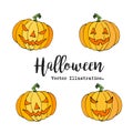 Happy Halloween hand drawn pumpkin set in cartoon style. Halloween doodle lantern decorative elements for poster or flyer design.