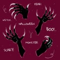 Happy Halloween hand drawn set with scary witch or monster hands with long claws. Royalty Free Stock Photo