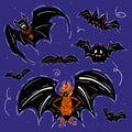 Happy Halloween hand drawn set with terrible scary and funny bats with fangs. Royalty Free Stock Photo