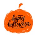 Happy Halloween hand lettering with brush stroke orange pumpkin. Halloween holiday greeting card.