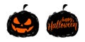 Happy Halloween hand lettering greetings with brush stroke black pumpkin and scary pumpkin head.