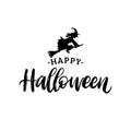 Happy Halloween, hand lettering. Vector illustration of witch on broom. Design concept for greeting card, poster. Royalty Free Stock Photo