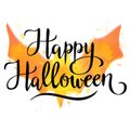 Happy Halloween, hand written vector lettering on watercolor bat spot background