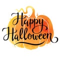 Happy Halloween, hand written vector lettering on watercolor pumkin background