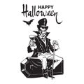 Happy Halloween lettering. Count Dracula sitting on the coffin. Halloween cartoon vampire character. Black and white