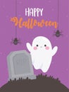 Happy halloween hanging spiders ghost and tombstone on grass