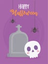 Happy halloween hanging spiders skull and tombstone card