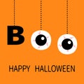 Happy Halloween. Hanging word BOO text Eyeballs bloody veins. Dash line thread. Greeting card. Flat design. Orange background.