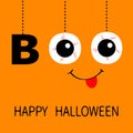 Happy Halloween. Hanging word BOO text Eyeballs bloody veins. Smiling mouth, tongue. Dash line thread. Greeting card. Flat design.