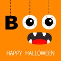 Happy Halloween. Hanging word BOO text Eyeballs bloody veins. Spooky screaming mouth, fangs. Dash line thread. Greeting card. Flat