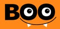 Happy Halloween. Hanging word BOO text Eyeballs. Spooky fangs tooth. Monster face head. Smiling face. Greeting card. Flat design.