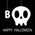 Happy Halloween. Hanging word BOO text Skull sceleton face bone. Eye nose halls. Dash line thread. Greeting card. Flat design. Bla