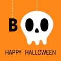 Happy Halloween. Hanging word BOO text Skull sceleton face bone. Eye nose halls. Dash line thread. Greeting card. Flat design. Ora