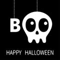 Happy Halloween. Hanging word BOO text Skull sceleton face bone. Eyes nose. Dash line thread. Greeting card. Flat design. Black ba