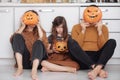 Happy halloween. happy family mother father and daughter preparing for Halloween and having fun at home on the kitchen Royalty Free Stock Photo