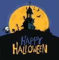 Happy halloween haunted house cartoon illustration. Vector horror scary mansion on the night background with moon. Party poster Royalty Free Stock Photo