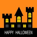 Happy Halloween. Haunted house Dark black castle tower silhouette. Switch on yellow light at the windows, triangle roof. Greeting Royalty Free Stock Photo