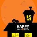 Happy Halloween. Haunted house roof attic loft. Light on boarded-up windows. Cat arch back. Monster spider Pumpkin Candle. Big moo