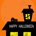 Happy Halloween. Haunted house roof attic loft. Two pumpkins Light on boarded-up windows. Cat arch back. Monster spider Candle. Bi Royalty Free Stock Photo