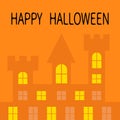 Happy Halloween. Haunted house shadow. Dark castle tower silhouette. Switch on yellow light at the windows, triangle roof. Greetin Royalty Free Stock Photo