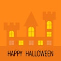 Happy Halloween. Haunted house shadow Dark castle tower silhouette. Switch on yellow light at the windows, triangle roof. Greeting Royalty Free Stock Photo