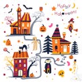 Happy Halloween holiday in autumn, houses with characters Royalty Free Stock Photo