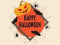 Happy Halloween. Holiday banner frame with evil pumpkin, bats and spiders with cobwebs. Design greeting card. Vector illustration