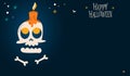 Happy Halloween holiday concept. Halloween decorations, scull, bats, spiders, pumpkins on dark background.