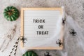 Happy halloween holiday concept. Skeletons, spider, web, pumpkin, trick or treat text on board frame on concrete grey Royalty Free Stock Photo