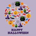 Happy Halloween holiday greeting card. Black and white icons of related objects.