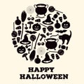 Happy Halloween holiday greeting card. Black and white icons of related objects.