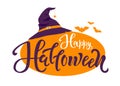 Happy Halloween holiday lettering text. Quote design with bats and old hat on background