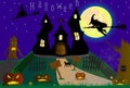 Happy Halloween Holiday. Scary characters witch, pumpkin, tree, bat, cat and dark castle Royalty Free Stock Photo