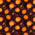 Happy Halloween holiday seamless pattern. Holiday background with scary pumpkins, bat, skull, bones, spider webs and skeleton.