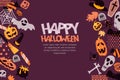 Happy Halloween Horizontal Banner With Hand Drawn Doodle Pumpkin, Skull, Witch Hat, Bones, Candies, Ghost.