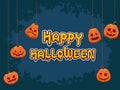 Happy halloween horizontal banner with lettering yellow-orange adn with pumpkin on a blue background. Vector Illustration Royalty Free Stock Photo