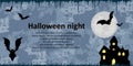 Happy Halloween horizontal banner. Night blue sky with bats and black castle. Scary landscape. Poster, header for websites Royalty Free Stock Photo