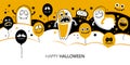 Happy Halloween Horizontal banner template for website. Funny cartoon characters Ghost, monster, vampire, zombie, scary balloons,