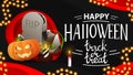 Happy Halloween, horizontal dark card with tombstone and pumpkin Jack