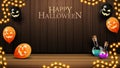 Happy Halloween, horizontal greeting banner with wood wall and Halloween balloons. Halloween template for your arts