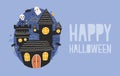 Happy Halloween horizontal holiday banner with gloomy haunted castle, funny ghosts and bats flying against dark starry Royalty Free Stock Photo