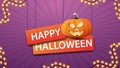 Happy Halloween, horizontal purple greeting postcard with fun pumpkin Jack