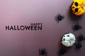 Happy Halloween, horror pumpkin and scary spider on purple background Royalty Free Stock Photo