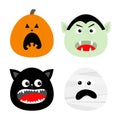 Happy Halloween icon set. Pumpkin, Vampire count Dracula, Mummy, Cat round face head. Cute cartoon funny spooky baby character. Royalty Free Stock Photo